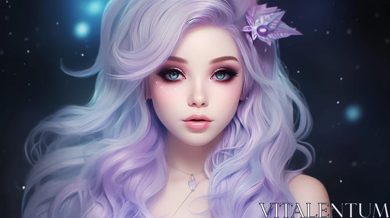 AI ART Young Woman Portrait with Purple Hair in Night Sky