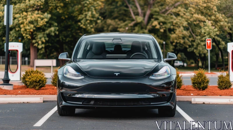 Black Tesla Model 3 Electric Car in Parking Lot AI Image