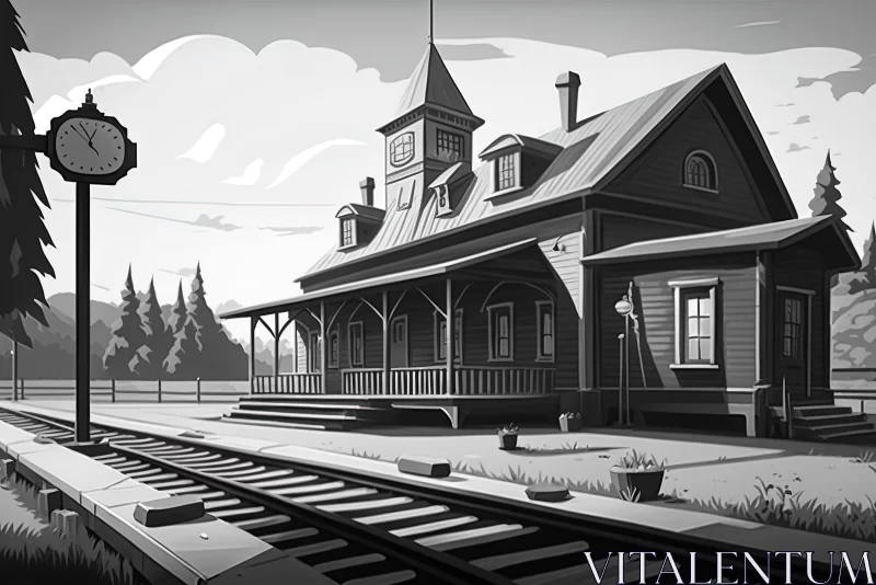 Captivating Black and White Train Station Illustration | 2D Game Art AI Image