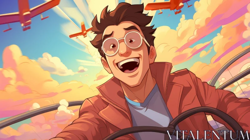 Cheerful Pilot in Airplane Cockpit AI Image