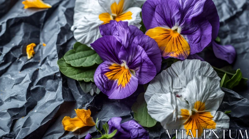 Close-up of a Colorful Pansy Bouquet on Black Fabric AI Image