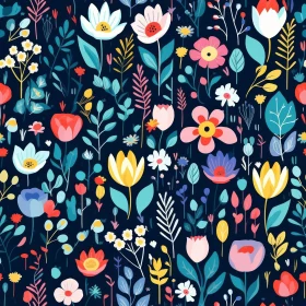 Colorful Flowers and Leaves Seamless Pattern on Dark Blue Background