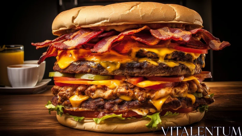 Delicious Double Cheeseburger with Bacon on Wooden Table AI Image