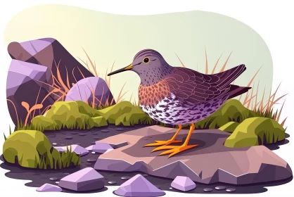 Detailed Cartoon Bird Standing on Stones and Grass | Flat Shading