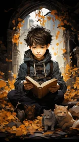 Enchanting Painting of a Boy in Ruined Library