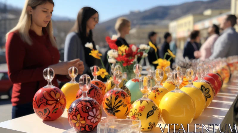 Festive Market Scene with Colorful Easter Eggs in Handcrafted Glass Vessels AI Image