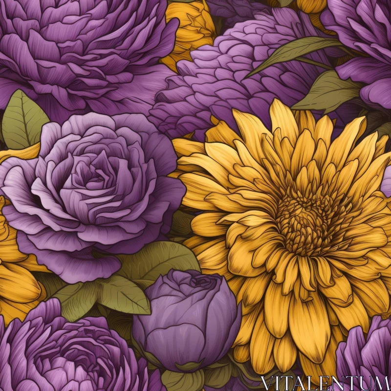AI ART Floral Purple and Yellow Seamless Pattern