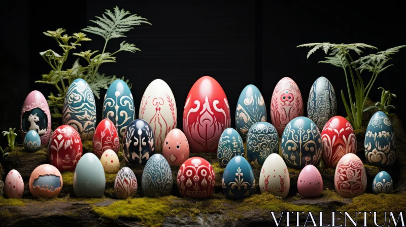 Intricately Designed Easter Eggs Amidst Green and Purple Plants AI Image
