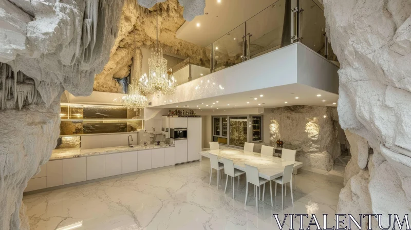 Luxurious Modern Kitchen with Dining Area in Cave-like Space AI Image