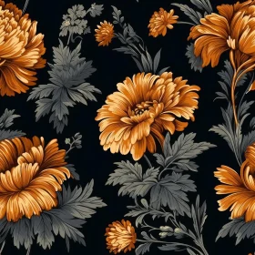 Orange and Yellow Floral Seamless Pattern on Black Background