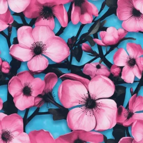 Pink Cherry Blossom Seamless Pattern on Blue Background