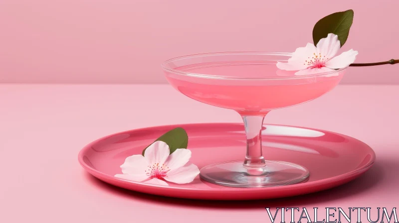 Pink Cocktail with Cherry Blossoms in Coupe Glass AI Image