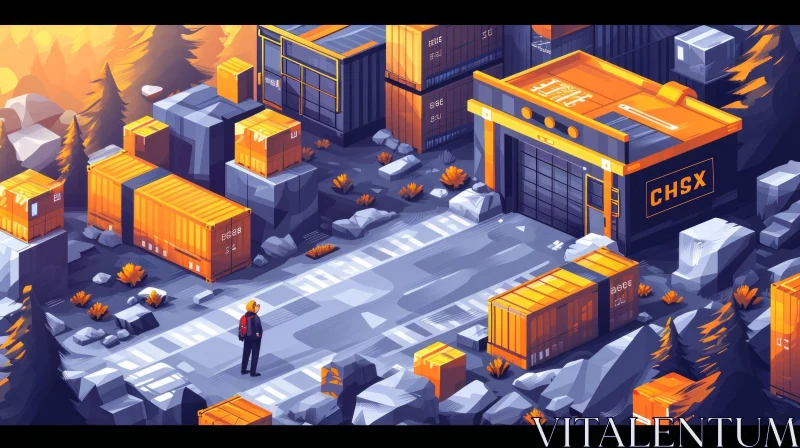 Shipping Yard Illustration with Containers, Warehouse, and Truck AI Image
