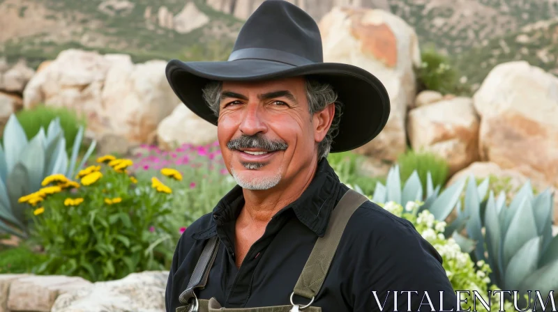 Smiling Man in Black Cowboy Hat and Flowers AI Image