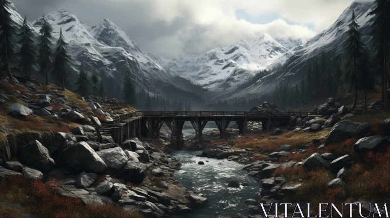 Snowy Mountain Valley Landscape with River and Bridge AI Image