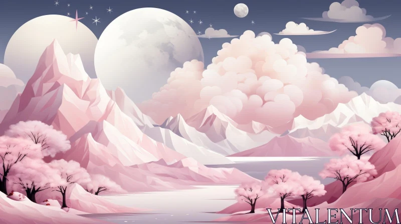 Tranquil Mountain Lake Landscape with Pink Sky AI Image