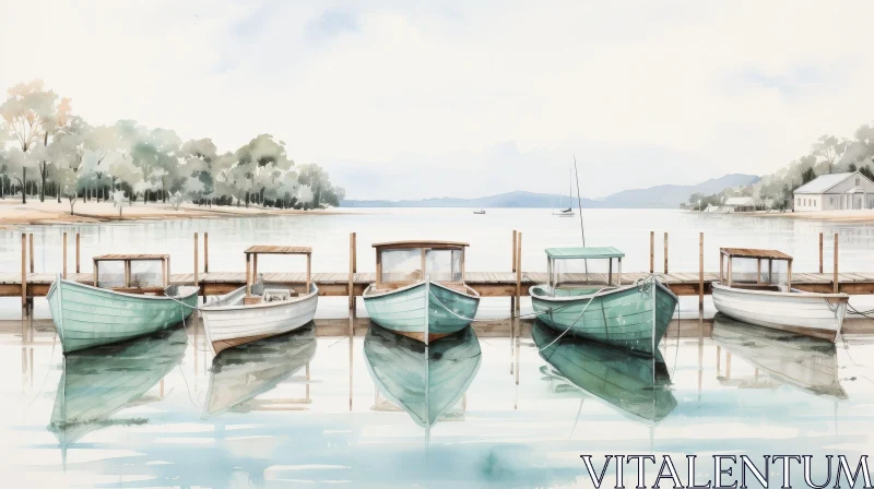 Tranquil Watercolor Painting of Colorful Boats on a Dock AI Image