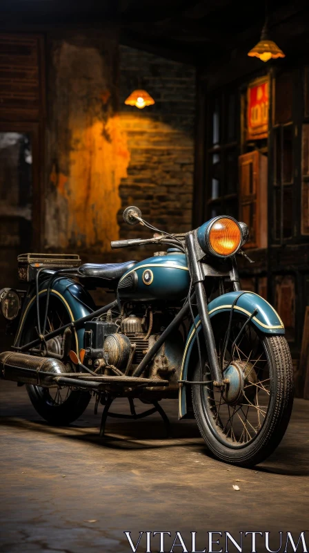 AI ART Vintage Blue Motorcycle in Dark Garage