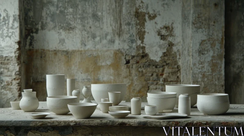 White Ceramic Vessels on Concrete Table: A Serene Still Life Composition AI Image
