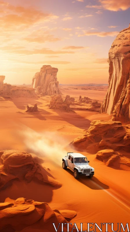 White Jeep Wrangler Rubicon in Desert Landscape at Sunset AI Image