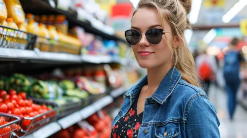 Young Woman in Supermarket: Denim Jacket and Floral Dress