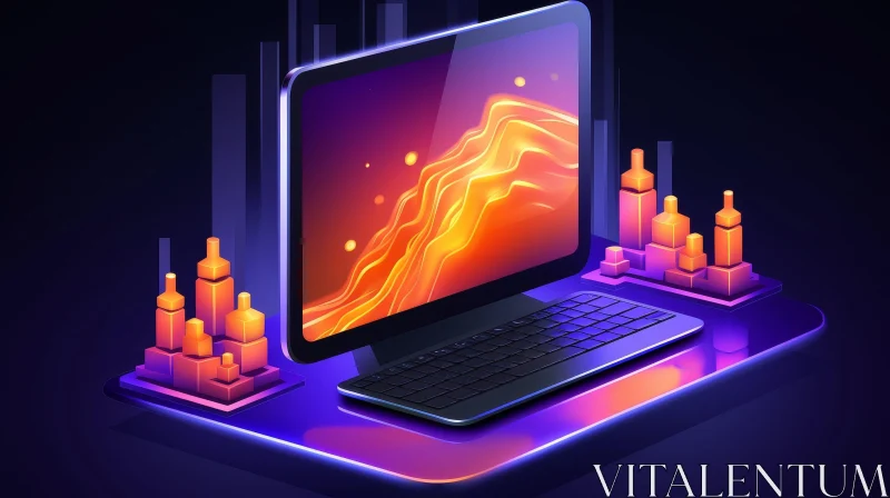 Abstract 3D Laptop Illustration on Reflective Surface AI Image