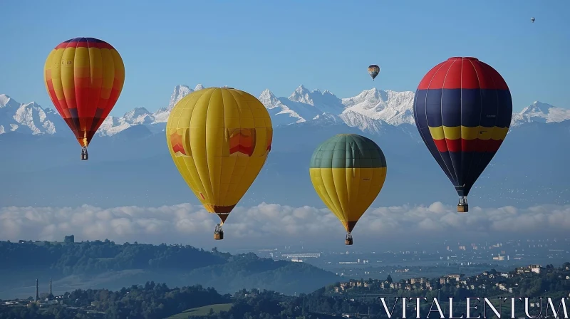 Colorful Hot Air Balloons Flying Over Snowy Mountains AI Image