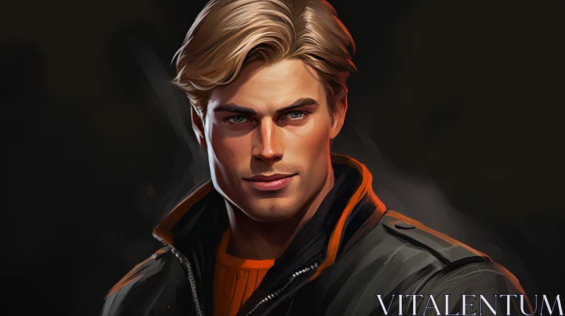 Confident Young Man Portrait in Black Jacket and Orange Shirt AI Image