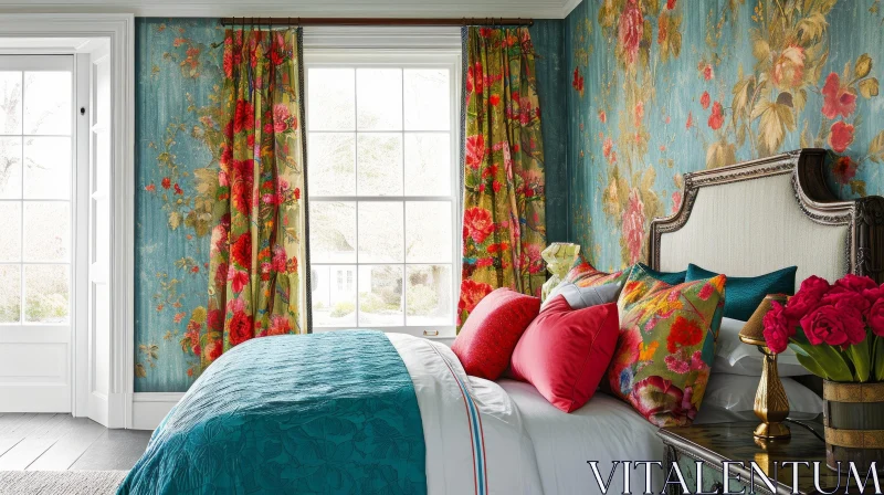 Cozy Bedroom Decor with Floral Patterns AI Image