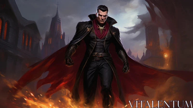 Dark Fantasy Digital Painting of a Mysterious Man in Black Suit and Red Cape AI Image