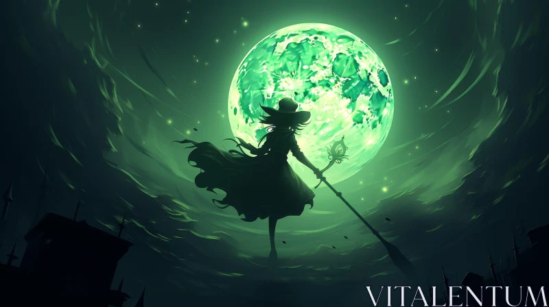 Enchanting Green Moon Landscape with Witch Silhouette AI Image