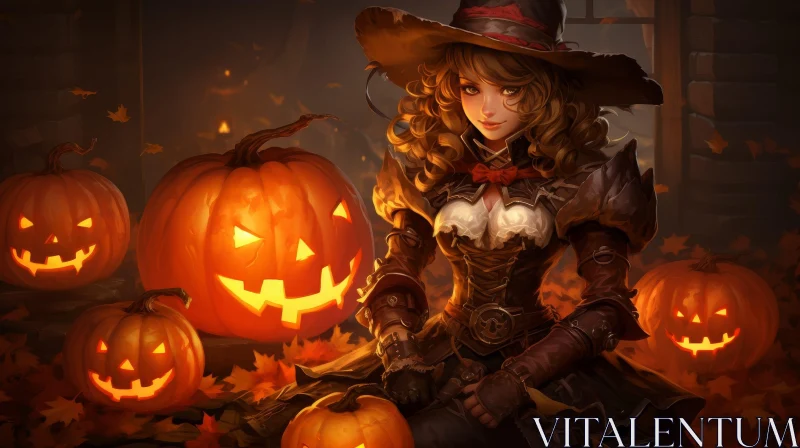 Enchanting Witch Painting on Fallen Leaves AI Image
