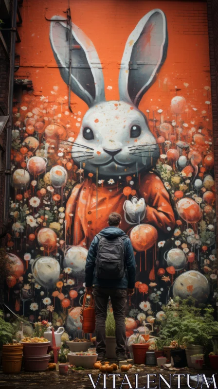Intriguing Urban Mural of Rabbit and Lilies AI Image
