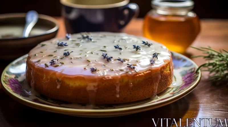AI ART Lavender Cake with Tea and Honey on Wooden Table