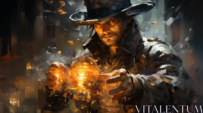 Man in Hat with Glowing Orbs - Realistic Painting AI Image