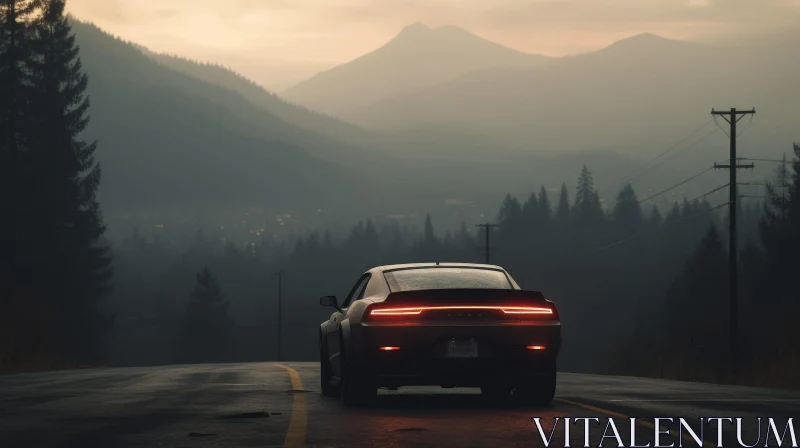 AI ART Misty Mountain Car Drive: Enigmatic Journey in Nature