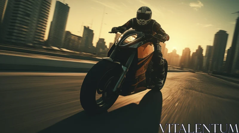 Motorcyclist Riding on Highway at Sunset AI Image