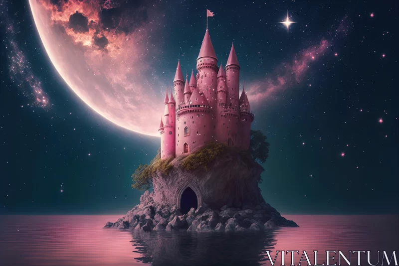 Pink Castle on Water with Full Moon: A Cosmic Fantasy AI Image