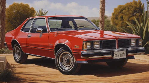Red Car in Desert: Realistic Hyper-Detailed American Iconography