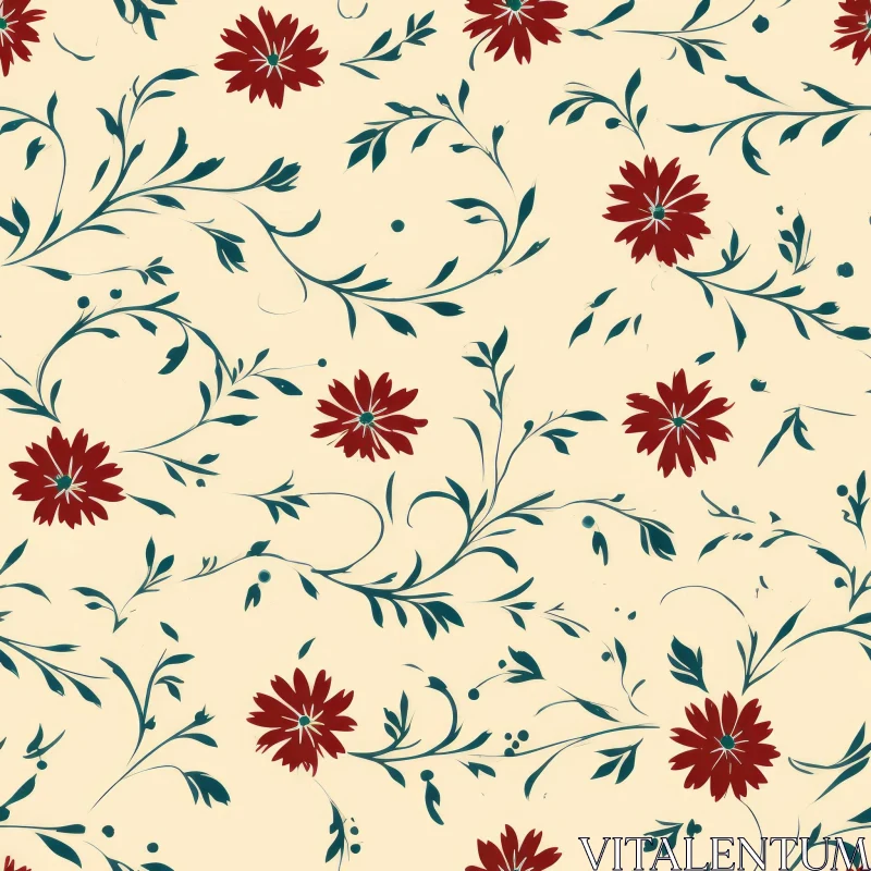 AI ART Red Floral Pattern on Beige Background