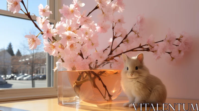 Serene Japanese-Inspired Rabbit Scene with Cherry Blossoms AI Image