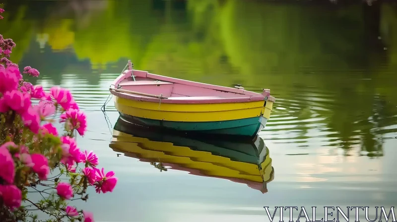 Tranquil Pink and Green Boat on Serene Lake AI Image