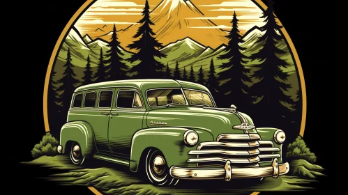 Vintage Car Illustration in Forest with Mountain Background