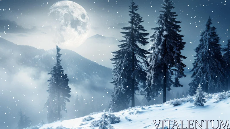 Winter Landscape with Full Moon and Snowy Trees AI Image
