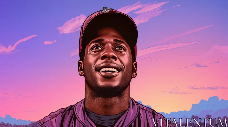 Young African-American Baseball Player Cartoon Portrait AI Image