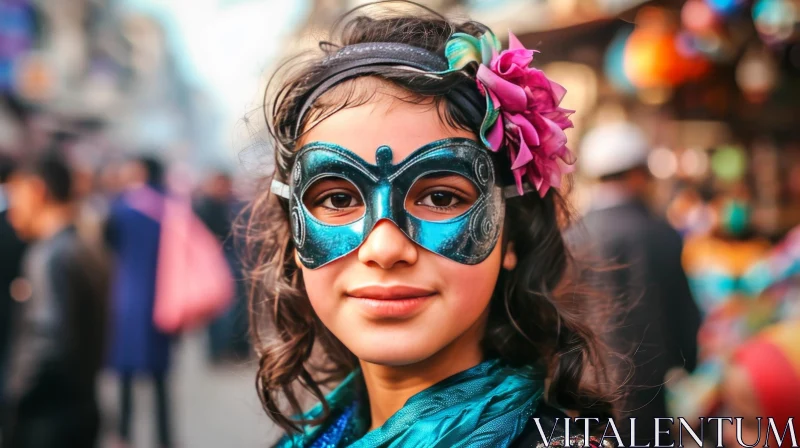 Young Girl with Blue Mask and Flower - Portrait Art AI Image