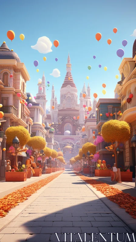 Animated Town with Balloons and Flowers: A Lively Street Scene AI Image