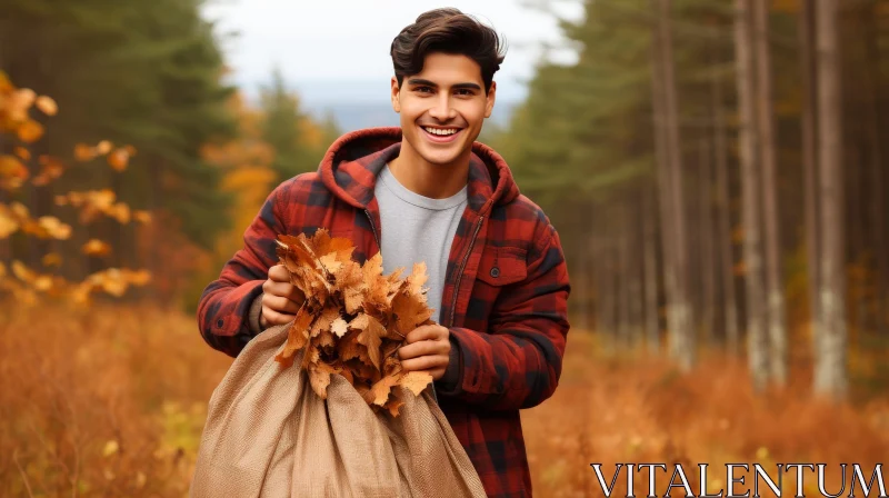 Autumn Bliss: Smiling Man in Forest with Fallen Leaves AI Image