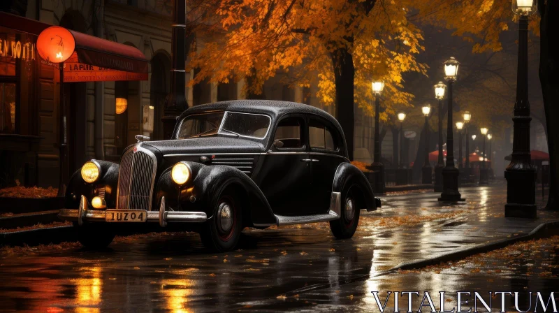 Classic Black Retro Car on Wet Autumn Street AI Image