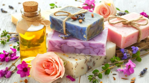 Colorful Handmade Soap Bars on Wooden Background